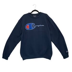 Champion Logo Graphic Pullover Crew Neck Sweatshirt Men's Sz 2XL Navy Athleisure